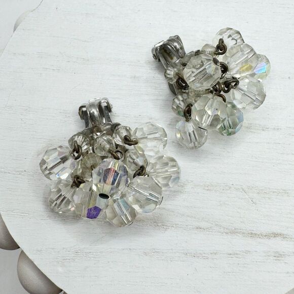 Vintage MCM Aurora Borealis AB Faceted Crytal Cluster Cha Cha Clip On Earrings - Picture 12 of 14